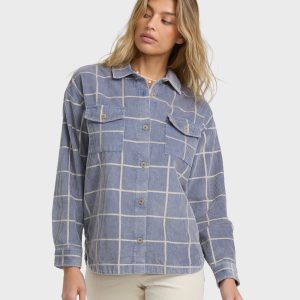 Fadeaway Long Sleeve Cord Shacket - Stone Blue