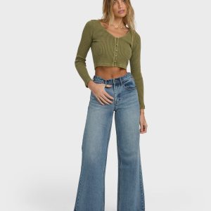 Free Fall High-Waist Denim Flare Pants - Atlantic Deep