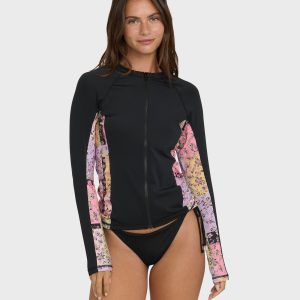 Dreamy Daze Zip Front UPF 50 Long Sleeve Rashguard - Black Pebble